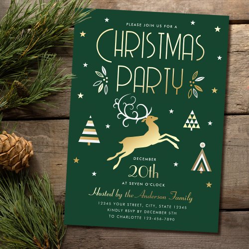 Elegant Christmas Party Green Gold Foil Invitation