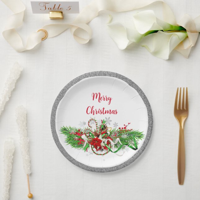 Elegant Christmas Party Greenery with Glitter Paper Plates (Wedding)