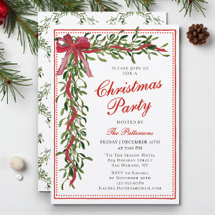 Elegant Christmas Party Mistletoe Red Bow Invitation