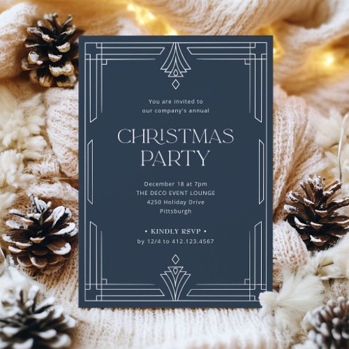 Elegant Christmas Party | Navy Blue Art Deco Invitation