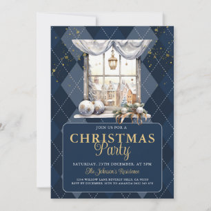 Elegant Christmas Party Navy Plaid Gold Glitter Invitation