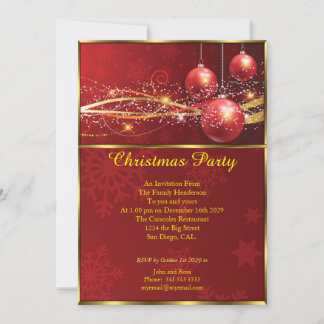 Elegant Christmas party Red baubles gold Invitation