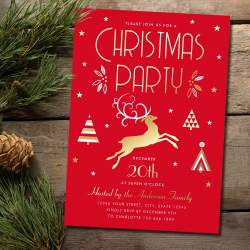 Elegant Christmas Party Red Gold Foil Invitation