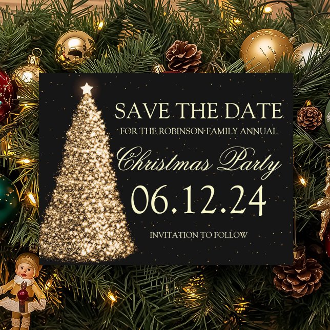 Elegant Christmas Party Save The Date Gold Black Announcement Postcard (Elegant Christmas Party Save The Date Gold Black Announcement Postcard)