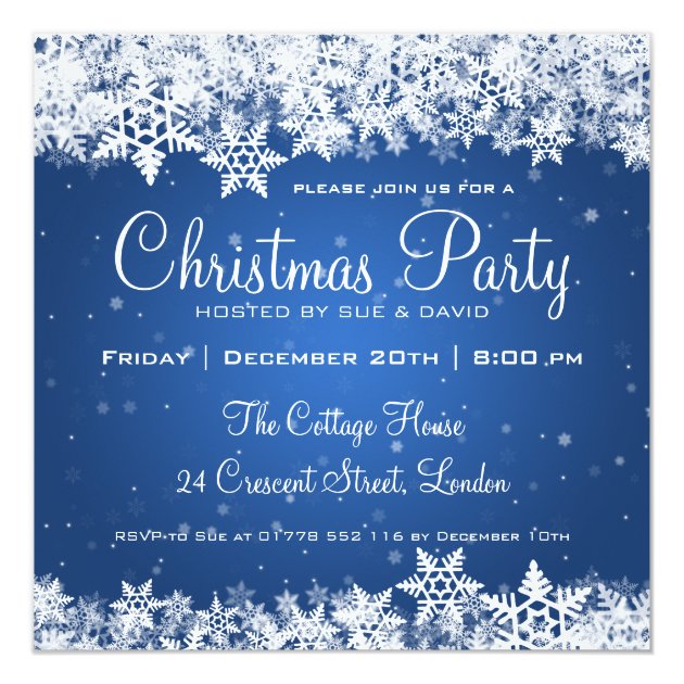 Elegant Christmas Party Snowflakes 2 Blue Invitation
