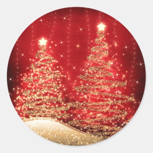 Elegant Christmas Party Sparkling Trees Red  Classic Round Sticker