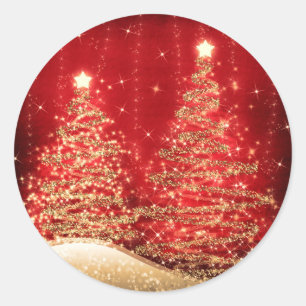 Elegant Christmas Party Sparkling Trees Red  Classic Round Sticker
