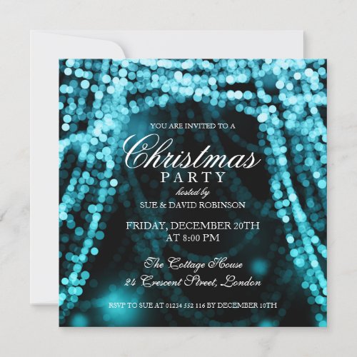 Elegant Christmas Party String Lights Turquoise Invitation