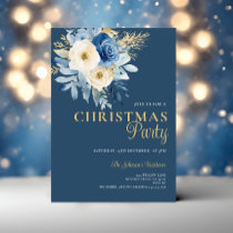 Elegant Christmas Party White & Blue Flowers Gold Invitation