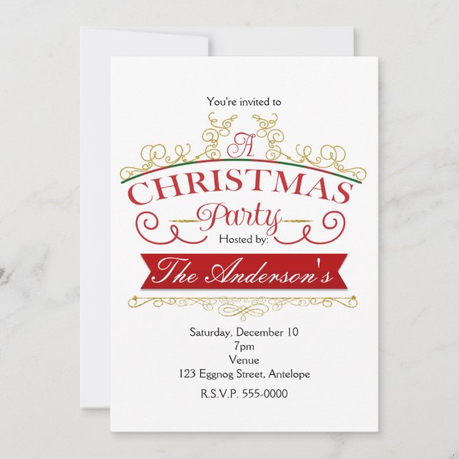 Elegant Christmas Party White & Gold Invitations (Front)