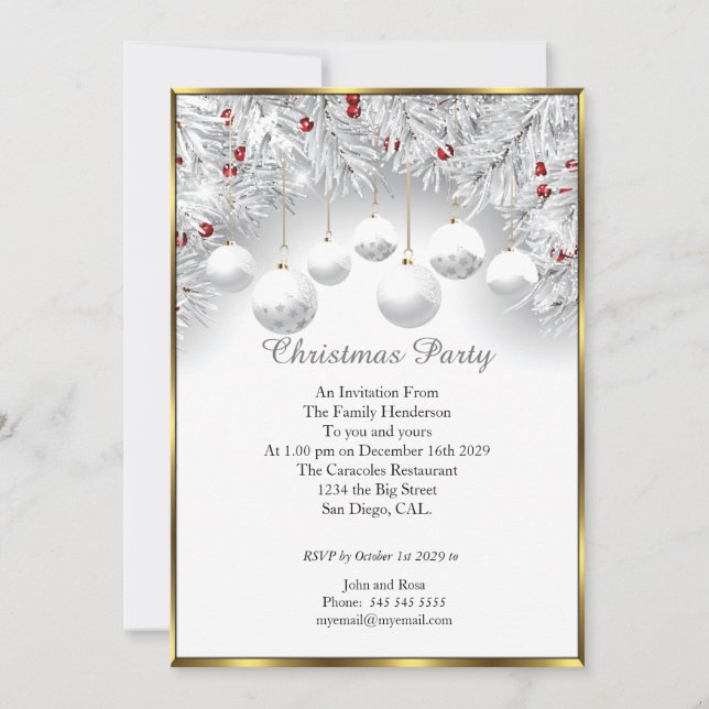 Elegant Christmas party White Snow baubles  Invitation (Front)