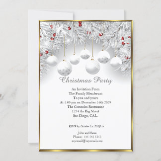 Elegant Christmas party White Snow baubles Invitation