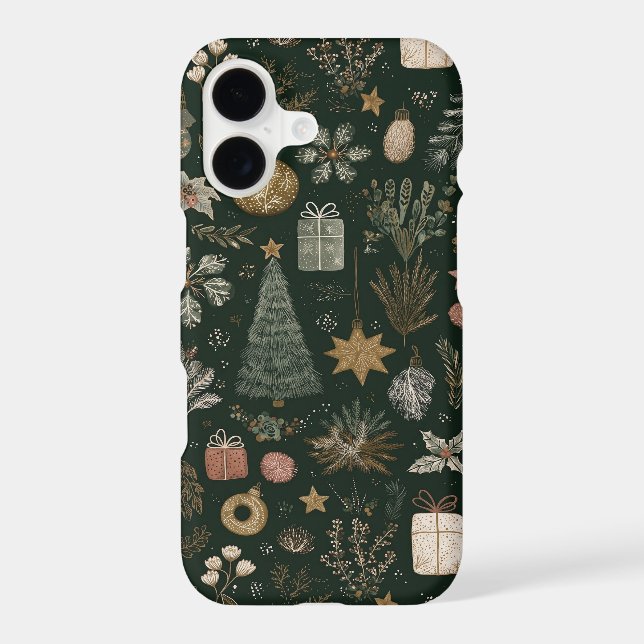 Elegant Christmas Pattern Festive Tree, Snowflakes Iphone Case (Back)