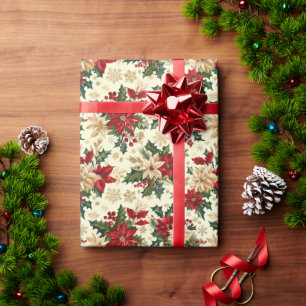 Elegant Christmas Pattern Of Poinsettias & Holly  Wrapping Paper