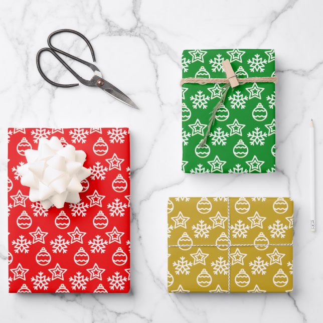 Elegant Christmas Pattern on Green, Red & Golden Wrapping Paper Sheets (Front)