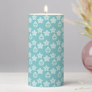Elegant Christmas Pattern on Light Blue Pillar Candle