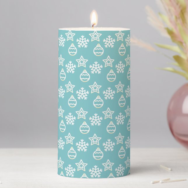 Elegant Christmas Pattern on Light Blue Pillar Candle (In Situ)