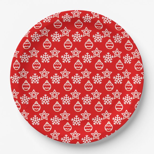 Elegant Christmas Pattern on Red Paper Plates (Front)