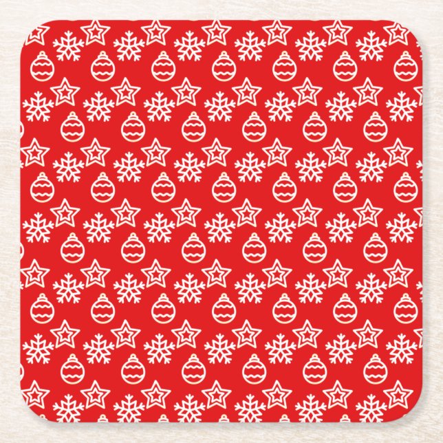 Elegant Christmas Pattern on Red Square Paper Coaster (Front)