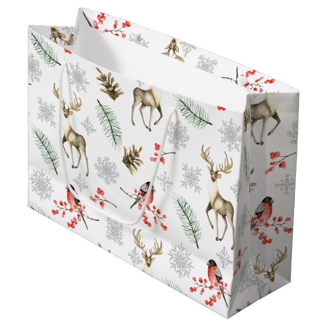Elegant Christmas Pattern With Deer & Bullfinches Large Gift Bag (Front Angled)