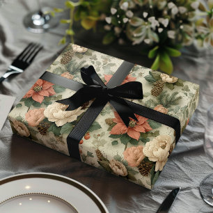 Elegant Christmas Peach and Cream Floral Gift Wrapping Paper Sheets