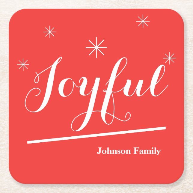Elegant Christmas Personalized Name Joyful Red  Square Paper Coaster (Front)