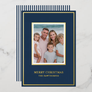 Elegant Christmas Photo Border Navy Gold Foil Holiday Card