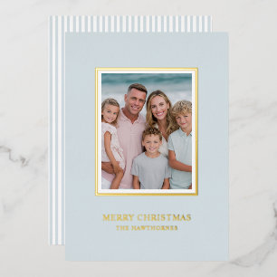 Elegant Christmas Photo Light Dusty Blue Gold Foil Holiday Card
