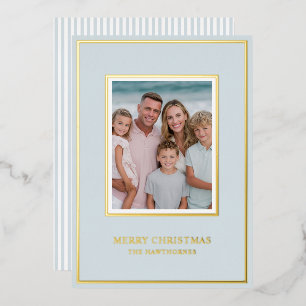Elegant Christmas Photo Light Dusty Blue Gold    Foil Holiday Card