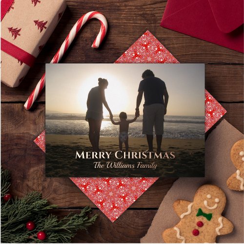 Elegant Christmas Photo Name Topography Gold Red Foil Holiday Card