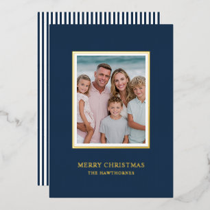 Elegant Christmas Photo Simple Navy Gold Foil Holiday Card