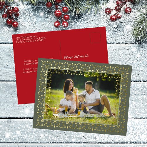 Elegant Christmas Photo Snowflake Pattern Foil Holiday Postcard