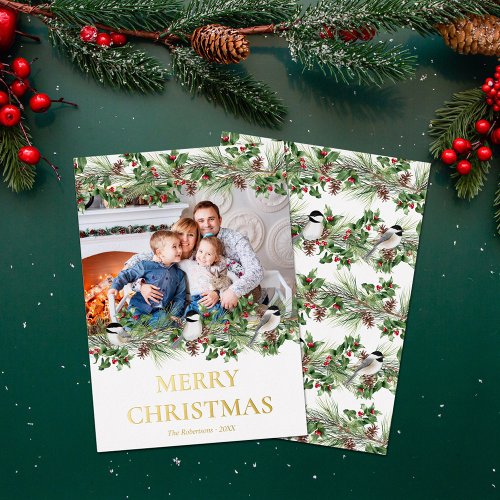 Elegant Christmas Photo Watercolor Greenery Gold Foil Holiday Card