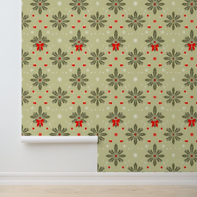 Elegant Christmas Pine and Bow Pattern Wallpaper (Application)