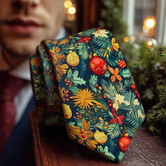 Elegant Christmas Pine and Poinsettia Botanical Neck Tie
