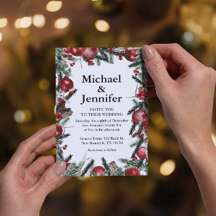 Elegant Christmas Pine Berry&Red Ornament Wedding Invitation