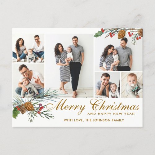 Elegant Christmas Pine Cones 6 Photo Greeting Holiday Postcard