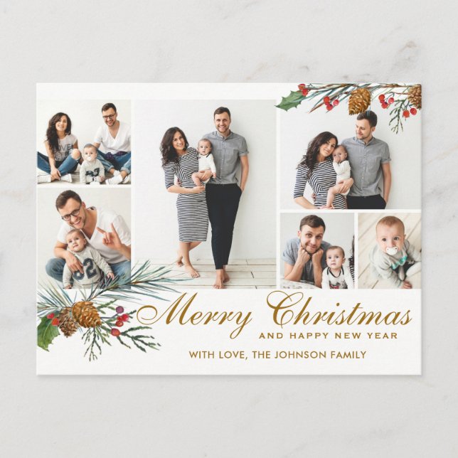 Elegant Christmas Pine Cones 6 Photo Greeting Holiday Postcard (Front)