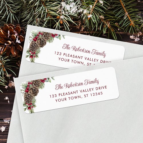 Elegant Christmas Pine Cones Script Return Address Label