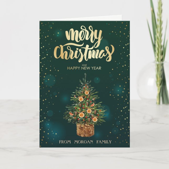 Elegant Christmas Pine Tree Orange Green Christmas Holiday Card (Front)