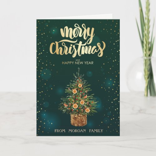 Elegant Christmas Pine Tree Orange Green Christmas Holiday Card