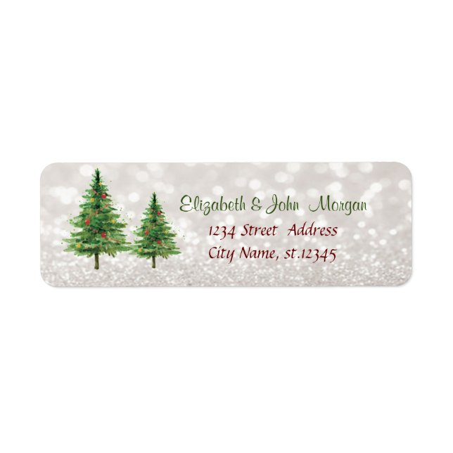 Elegant,Christmas Pine Trees ,Glittery Bokeh Label (Front)