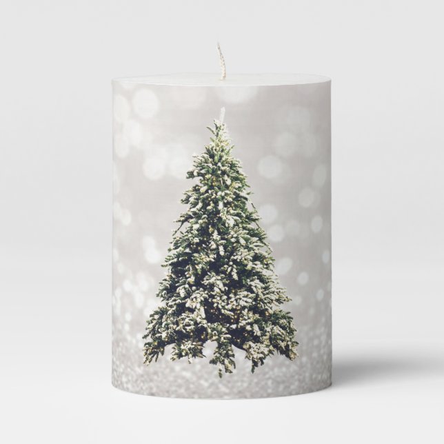 Elegant,Christmas ,Pine trees ,Glittery Bokeh Pillar Candle (Front)