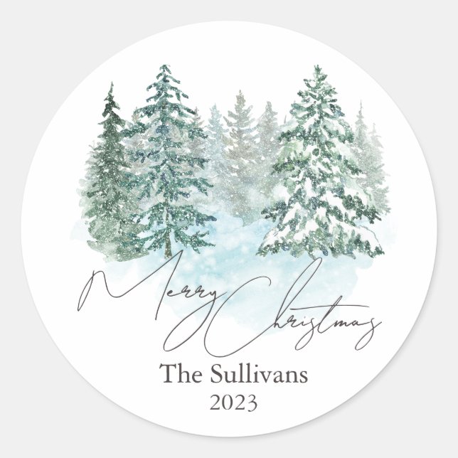 Elegant Christmas Pines Holiday Party  Classic Round Sticker (Front)