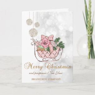 Elegant Christmas Pink Sleigh,Bokeh Company Holiday Card