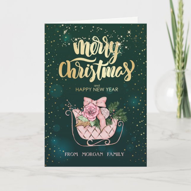 Elegant Christmas Pink Sleigh Green  Holiday Card (Front)
