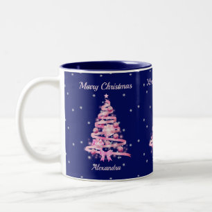 Elegant Christmas Pink Tree Custom Name Navy Blue Two-Tone Coffee Mug