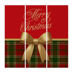 Elegant Christmas Plaid Collection with Gold Bow Triptych
