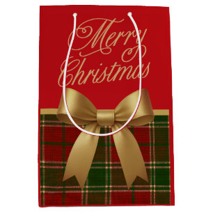 Elegant Christmas Plaid Gift Bag with Gold Bow
