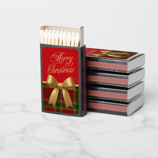 Elegant Christmas Plaid Matchbox with Gold Bow  Matchboxes (Stacked)